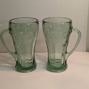 Two Coca Cola Glass Mugs Thick Handle Green Heavy Glass Vintage Libbey